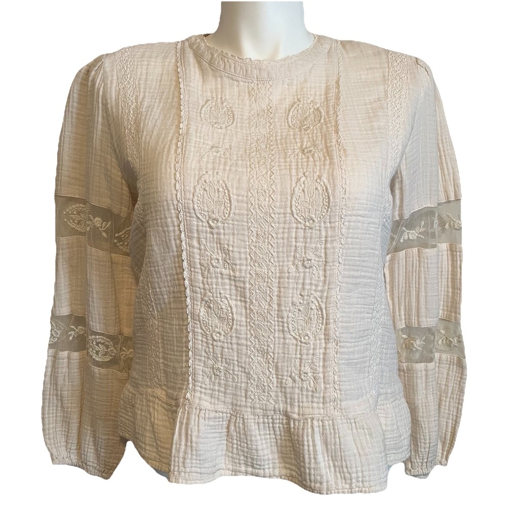 Calligraphie Embroidered‎ Peplum Off White Top Women's L/XL Ruffled Mesh Sleeve